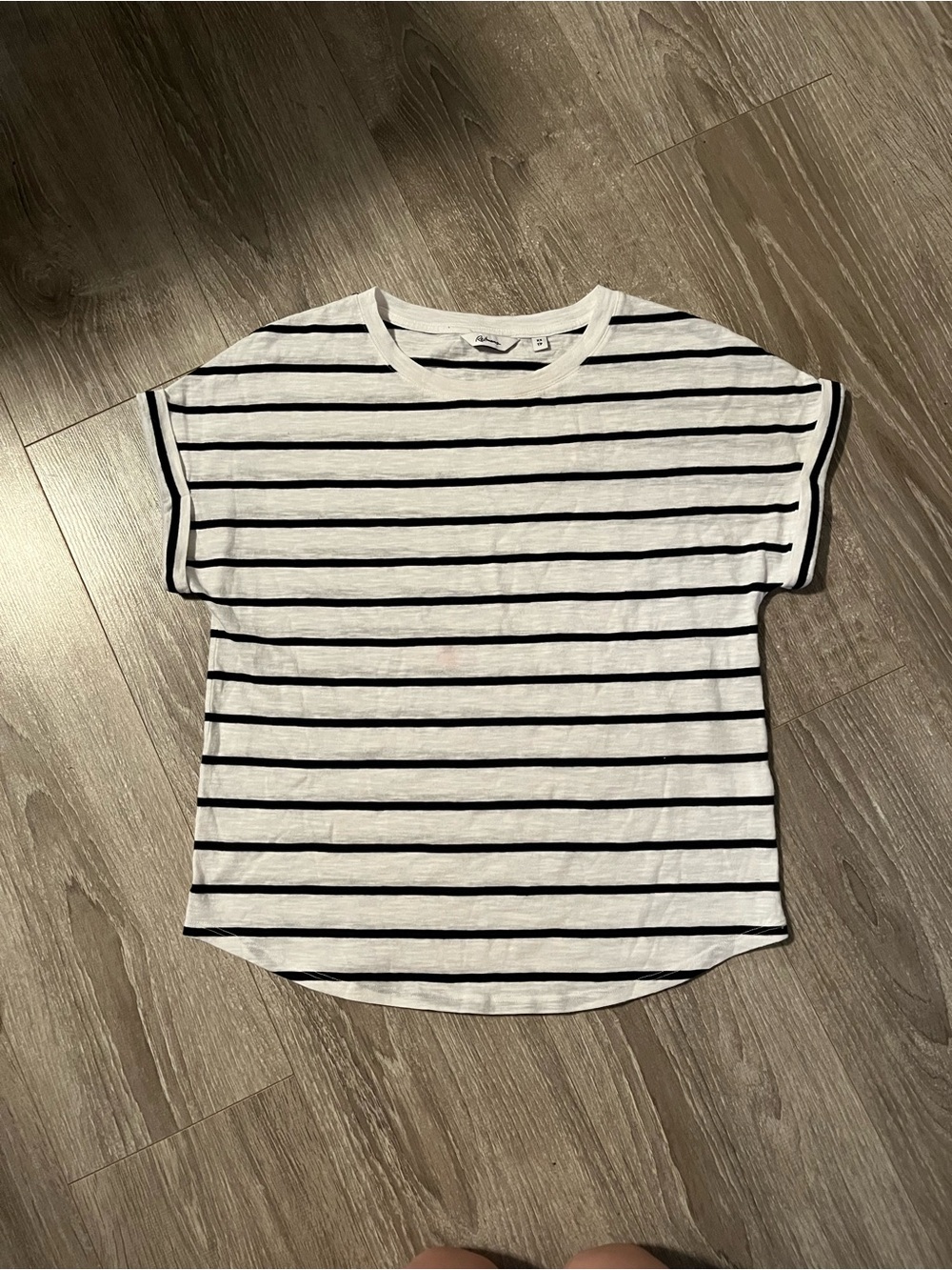 Reitmans XS White Tee with Black Horizontal Stripes. Cap dolman rolled sleeve.